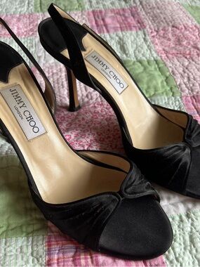 SOLD Jimmy Choo Black Satin Peep-Toe Slingback Heels
